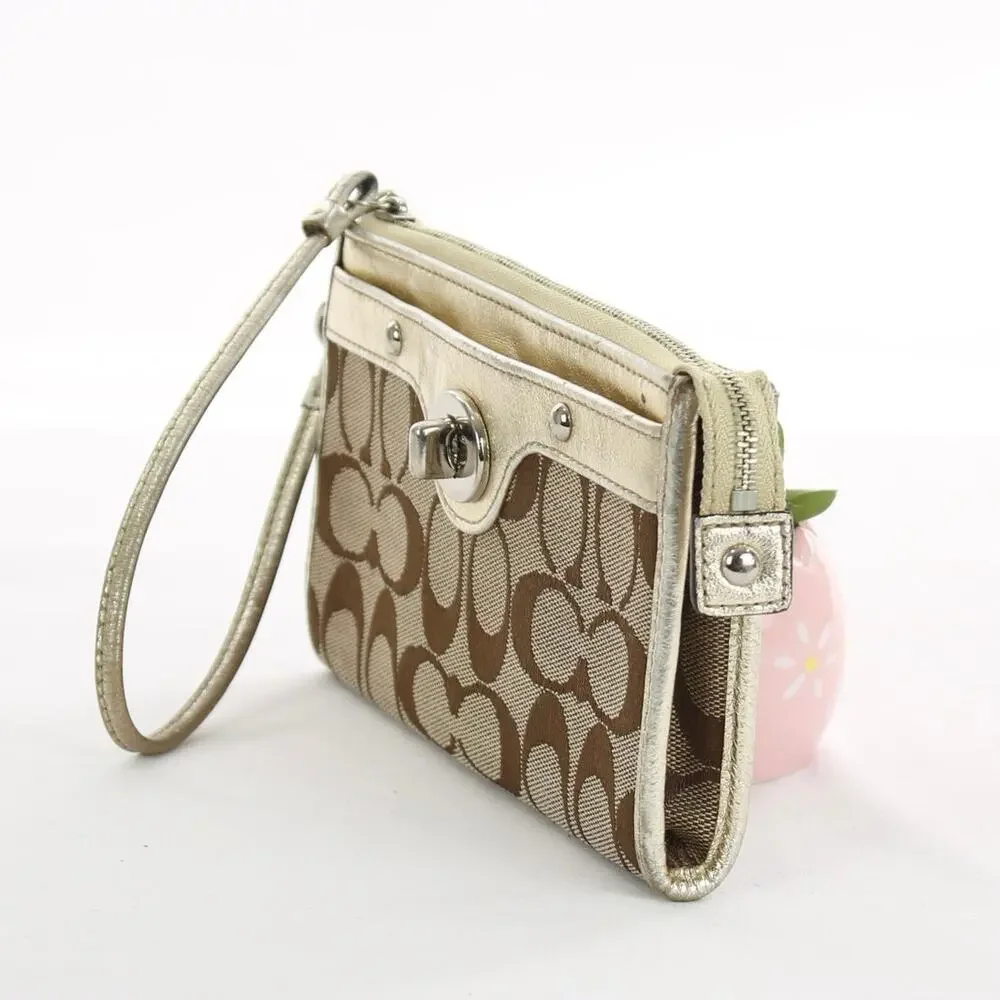 Coach Signature Canvas Turnlock Wristlet Wallet Khaki Brown Leather Trim Y2K